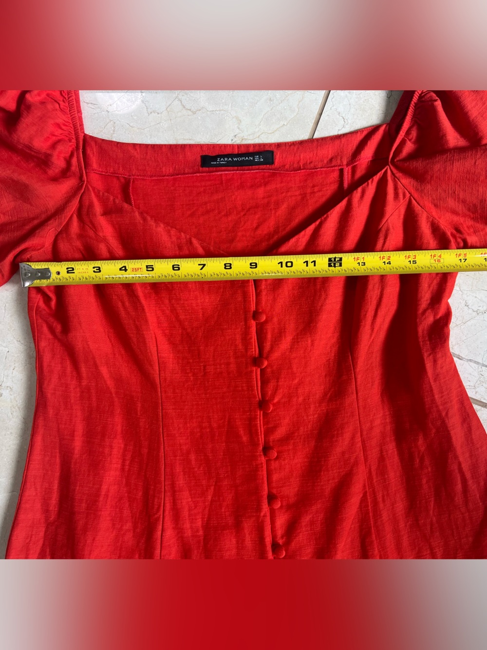 Zara Red Linen Button Mini Dress Sweetheart Neck Short Sleeve Puff Womens Large - Picture 7 of 7